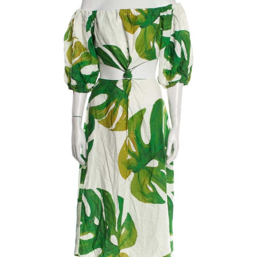 Farm Rio Green Leaf Print Off-Shoulder Midi Dress
